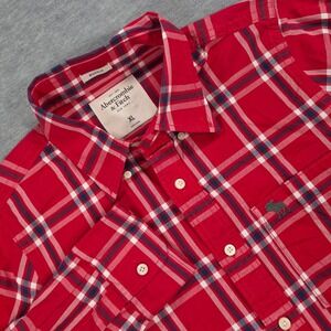 Abercrombie & Fitch Mens XL Muscle Fit Plaid Button Down Shirt Red Long Sleeve